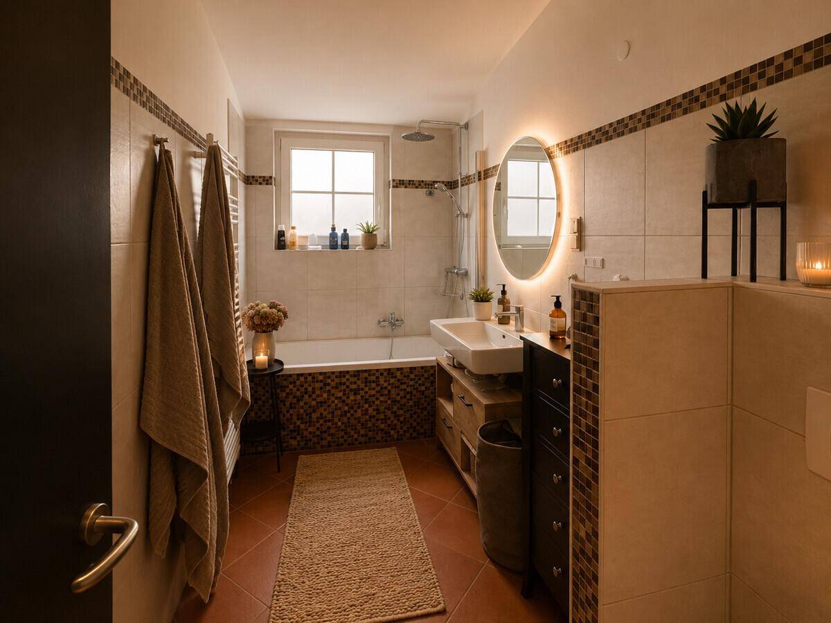 Modernes Badezimmer mit Badewanne, beleuchtetem Spiegel, Fenster und Handtuchheizkörper.