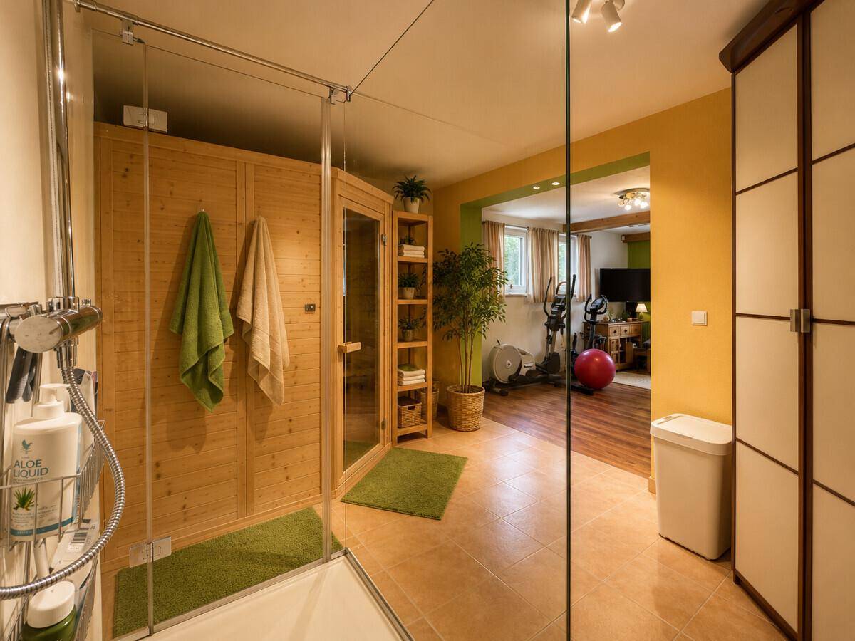 Wellnessbereich mit Sauna und Fitnessgeräten, ideal für Entspannung und Training.