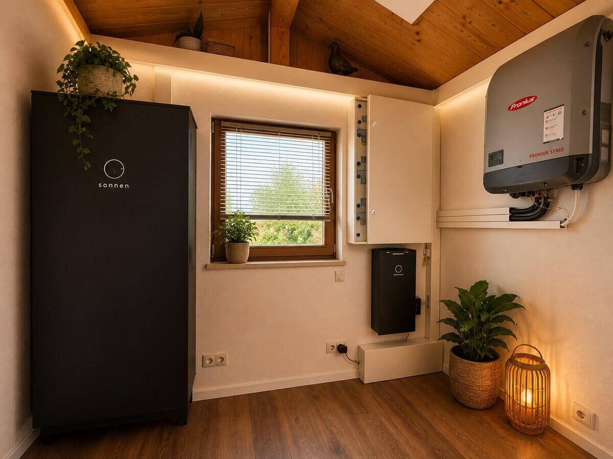 Technikraum mit Batteriespeicher, Wechselrichter und Dachschrägenfenster.