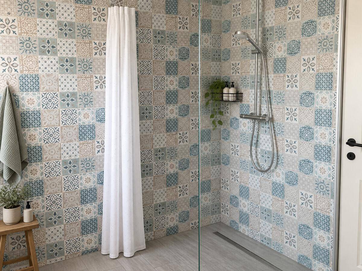 Modernes Badezimmer mit gemusterten Fliesen und einer ebenerdigen Dusche.