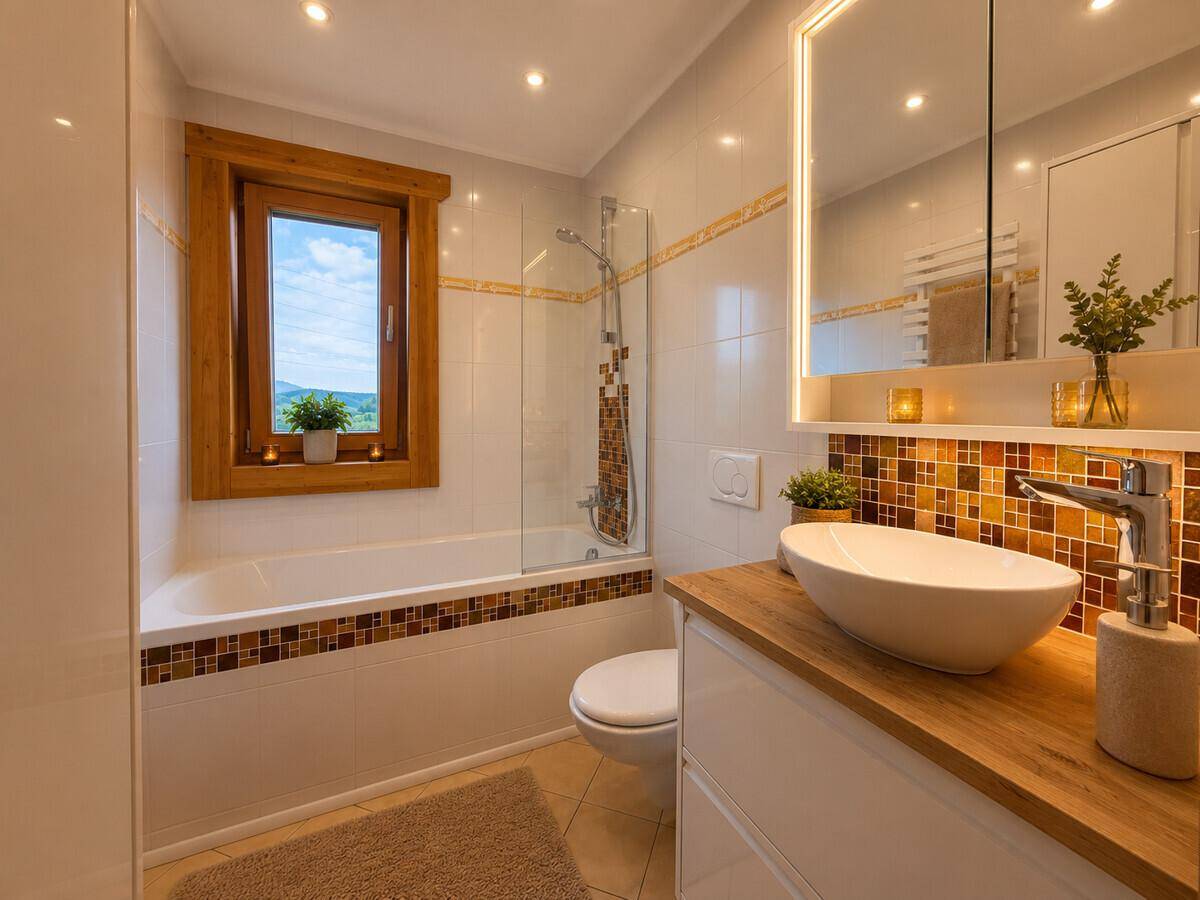 Modernes Badezimmer mit Badewanne, Dusche, Einzelwaschbecken und Fenster mit Ausblick.