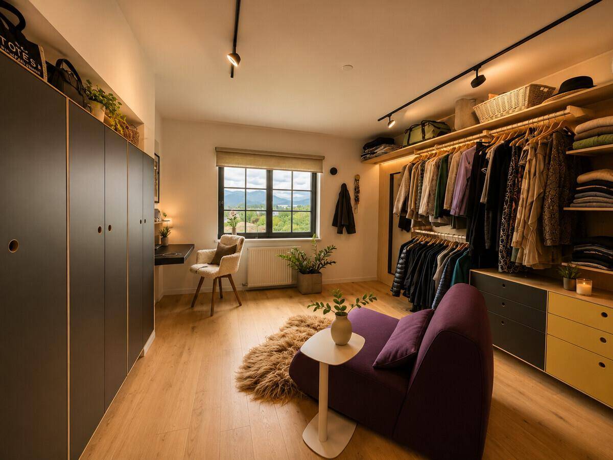 Geräumiges Schlafzimmer mit integriertem Ankleidebereich, Schreibtisch und Holzboden.