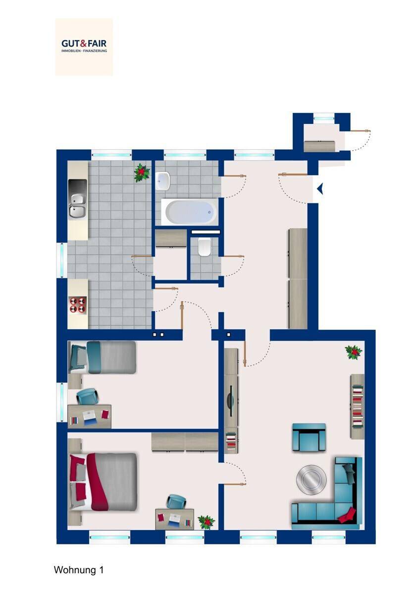 Detaillierter Grundriss der Wohnung 1 mit zwei Schlafzimmern, Bad und offener Küche.