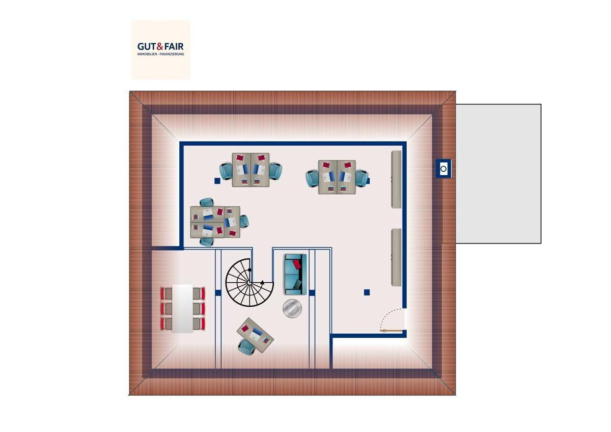 Grundriss des Dachgeschosses mit offenem Wohnbereich und Wendeltreppe.