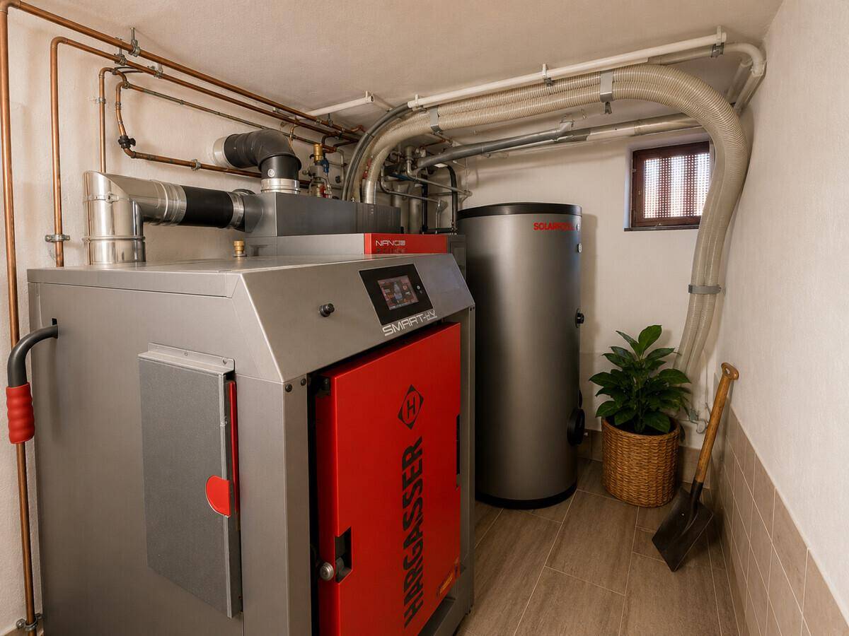 Heizungsraum mit moderner Pelletheizung und Warmwasserspeicher.
