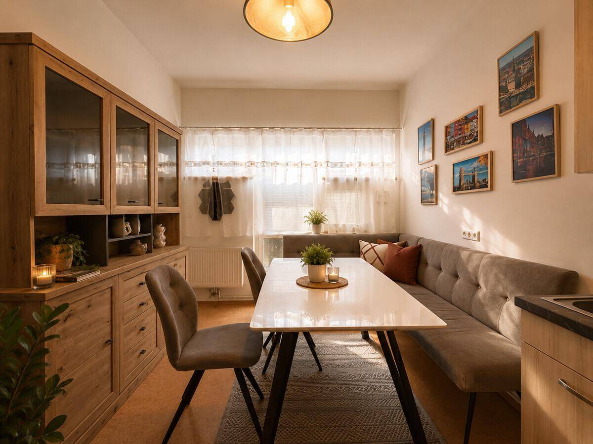 Gemütlicher Essbereich mit Eckbank und Holzschrank in offener Küche.