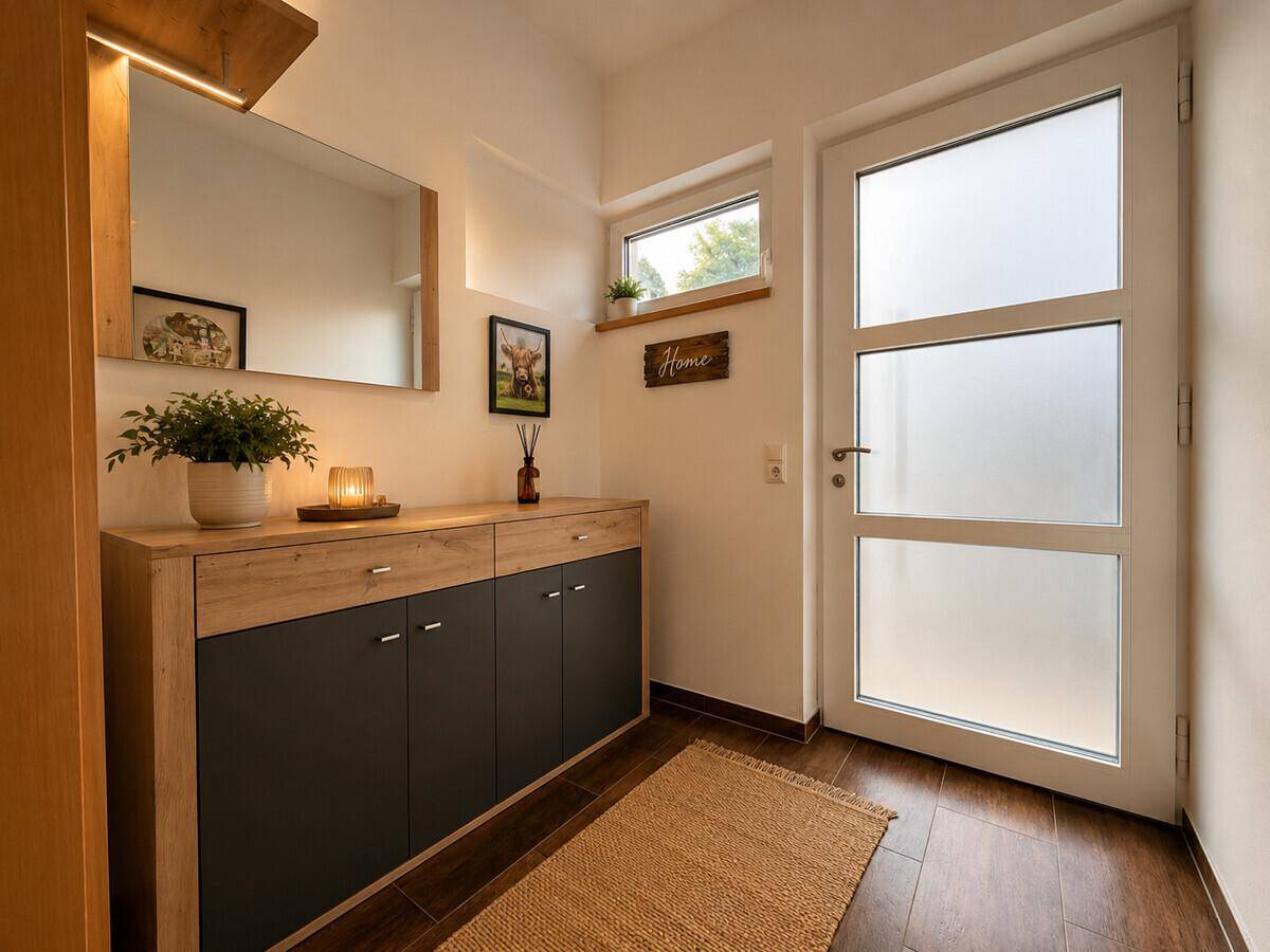 Heller Eingangsbereich mit Garderobenschrank, Spiegel und moderner Eingangstür.