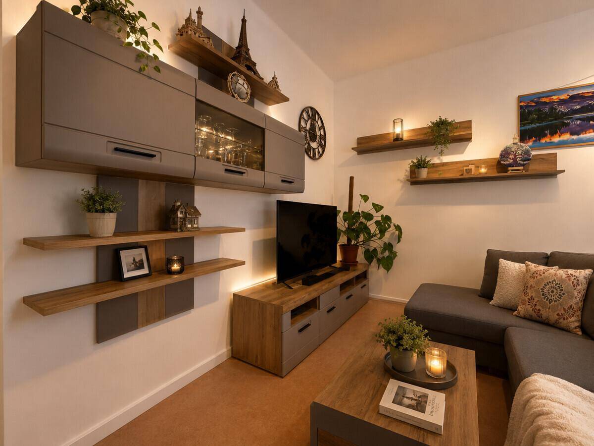 Modern eingerichtetes Wohnzimmer mit TV-Möbeln, Wandregalen und indirekter Beleuchtung.
