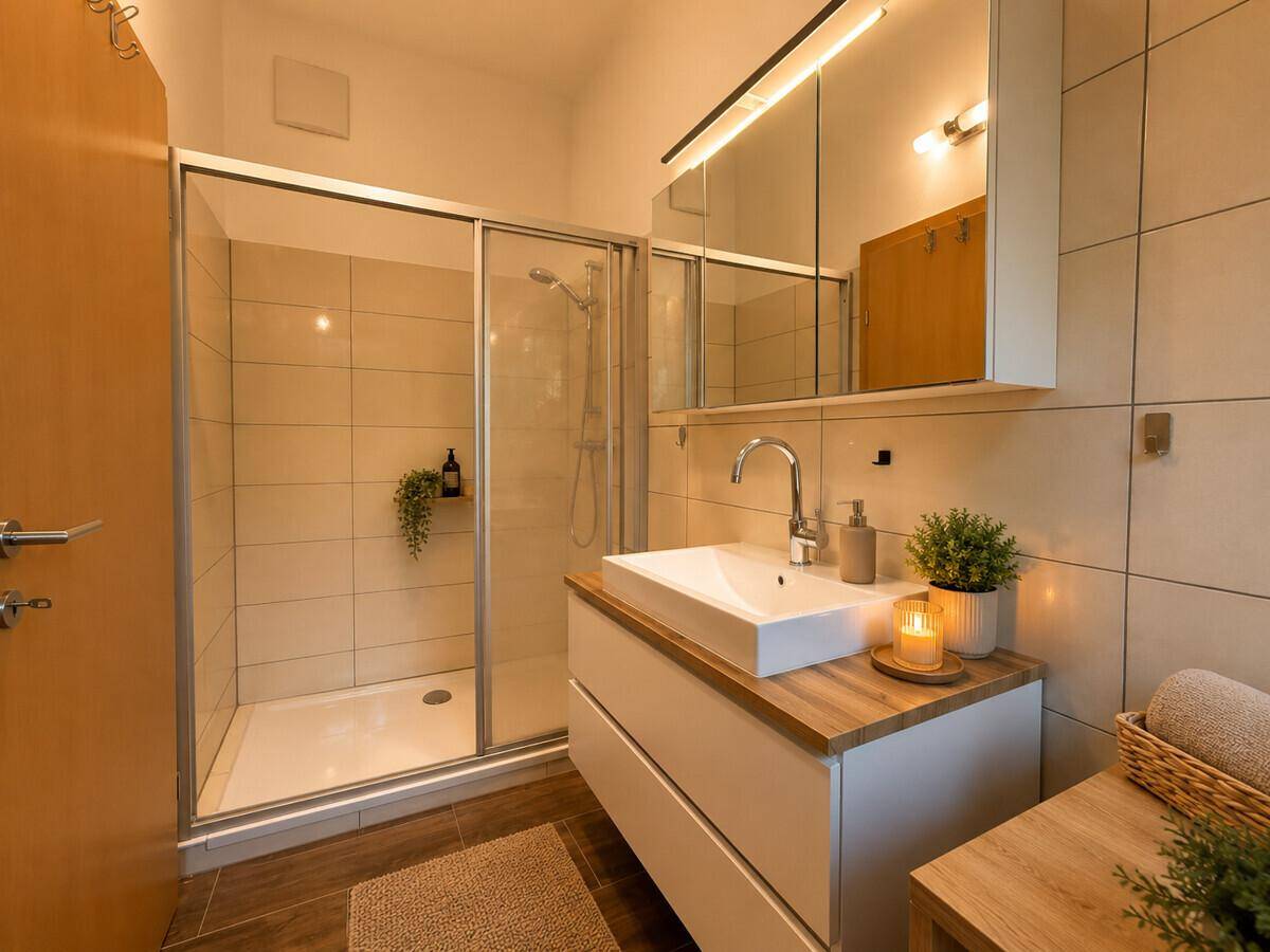 Modernes Badezimmer mit ebenerdiger Dusche, Waschtisch und Spiegelschrank.