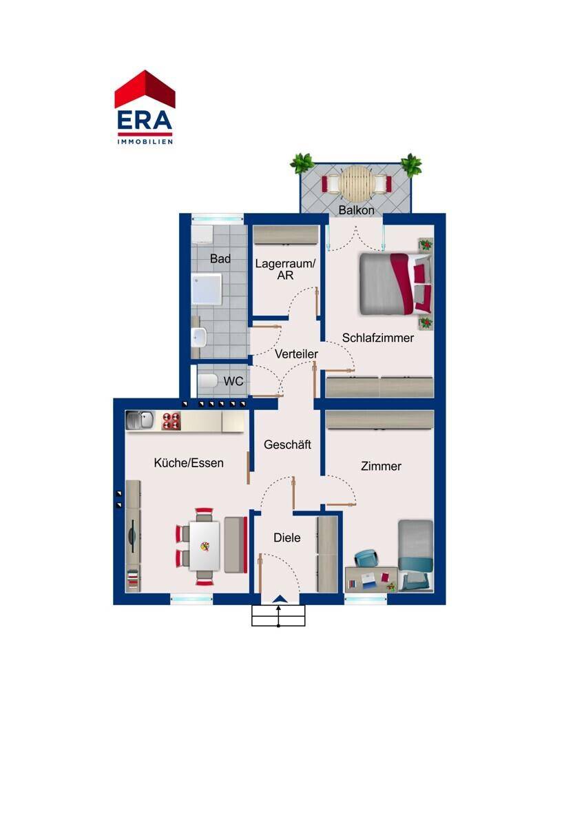 Grundriss einer Wohnung mit Küche, Schlafzimmer, Bad und Balkon.
