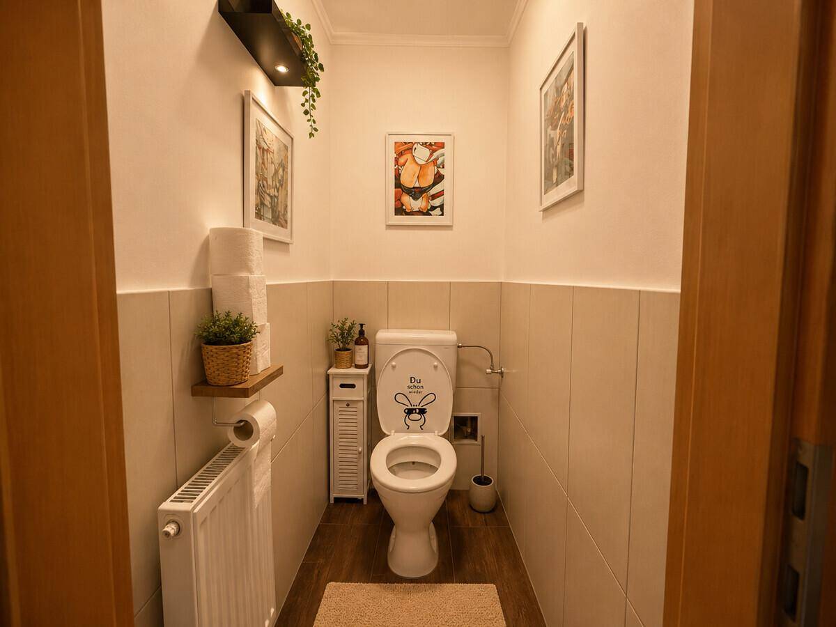 Kleines Gäste-WC mit Wand-WC, Heizung und dekorativen Bildern.
