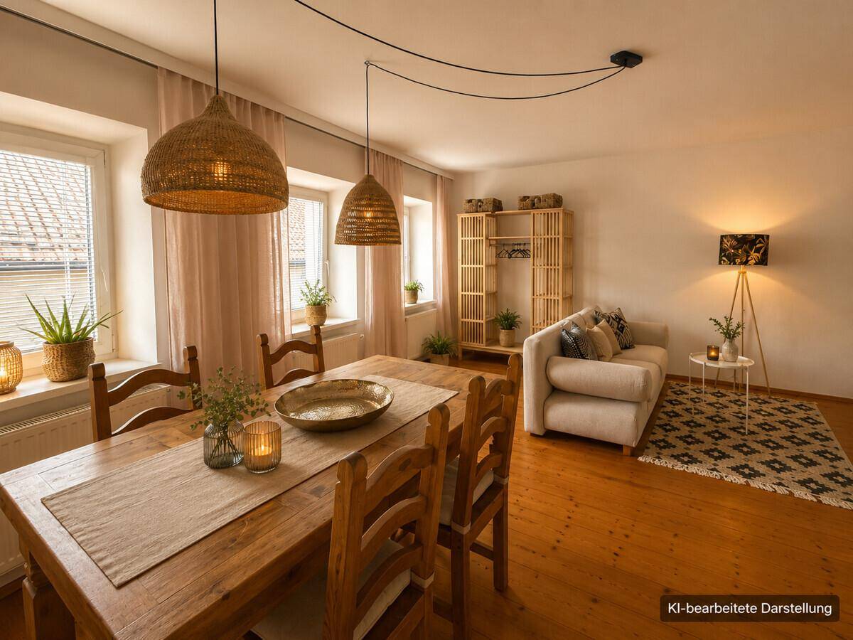 Heller Wohn-Essbereich mit Holzboden, großem Esstisch und gemütlichem Sofa.