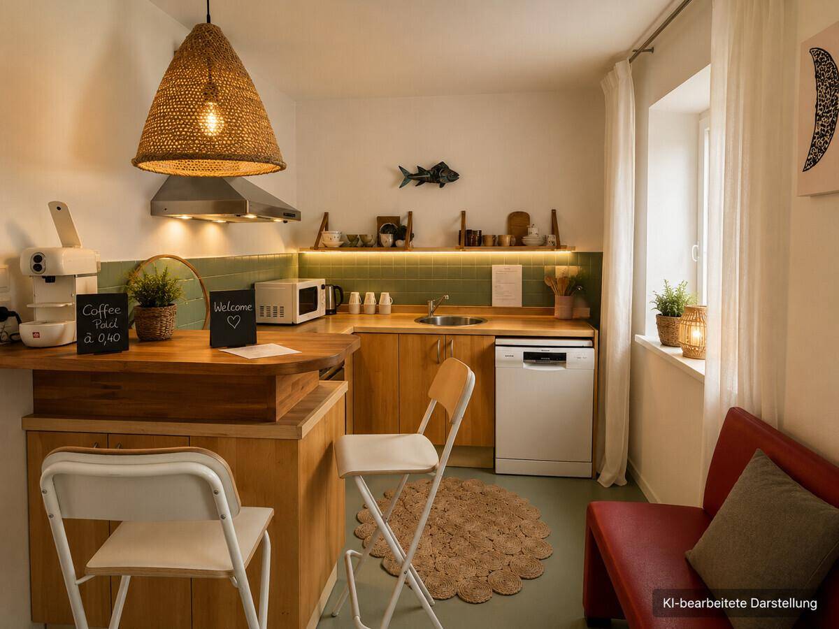 Kompakte Küchenzeile mit Holzelementen, integriertem Geschirrspüler und Fenster.