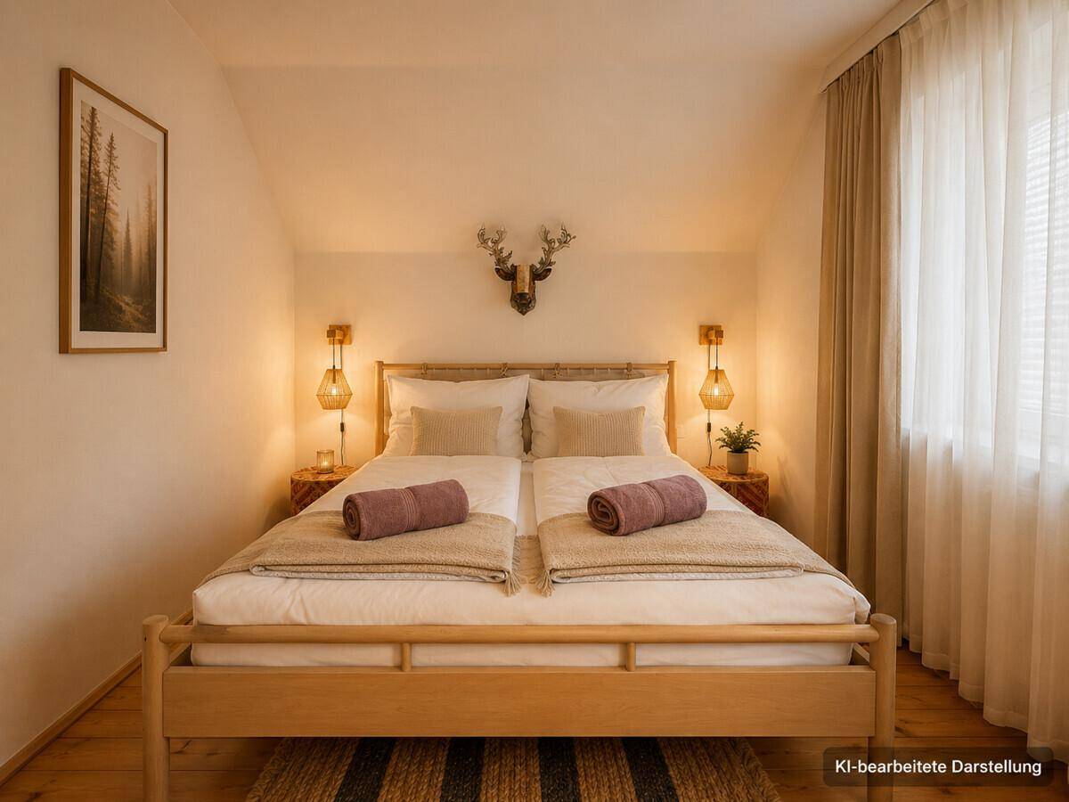 Gemütliches Schlafzimmer mit Holzbett, warmen Lichtern und Hirschgeweih-Dekoration.