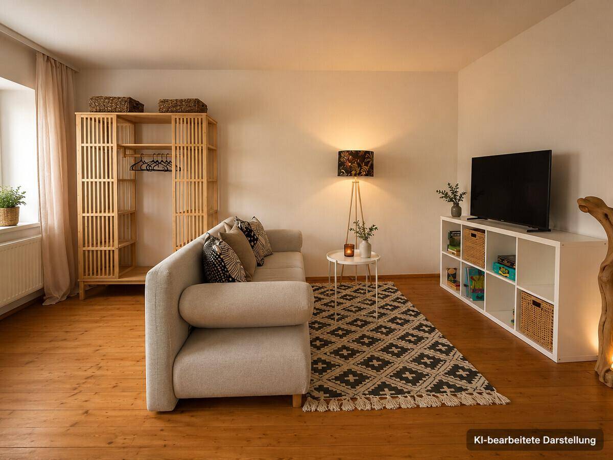 Helles Wohnzimmer mit Holzboden, beigem Sofa und modernem Regal.