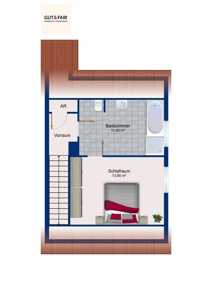 Grundriss des Obergeschosses mit Schlafzimmer und großem Badezimmer.