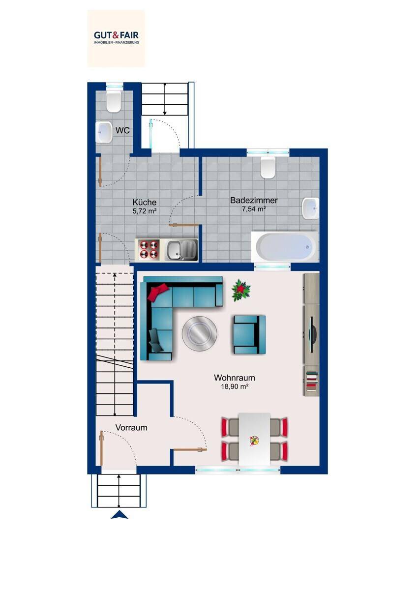 Grundriss des Erdgeschosses mit Wohnzimmer, Küche, Bad und separatem WC.