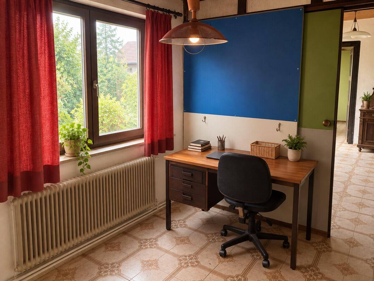 Kleiner Arbeitsbereich mit Schreibtisch, Stuhl und Fensterblick ins Grüne.