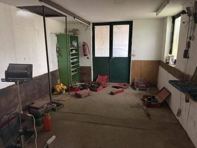 Praktischer Abstellraum mit Werkzeugen, Regalen und Zugang nach draußen.