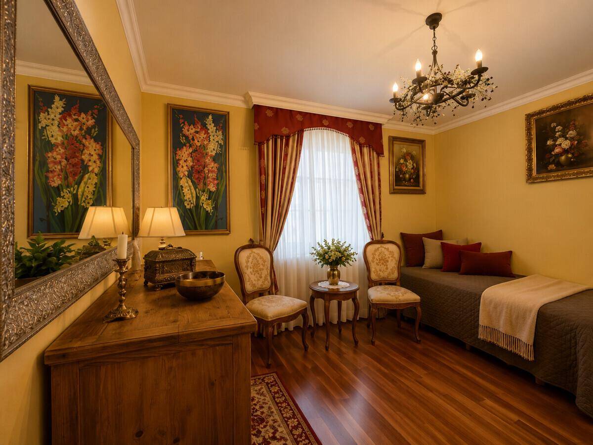 Helles Zimmer mit Einzelbett, Holzmöbeln und floralen Kunstwerken.