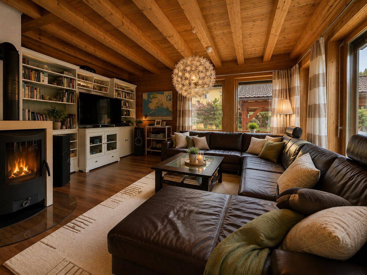 Gemütliches Wohnzimmer mit Kamin, Ledersofa und Holzbalkendecke.