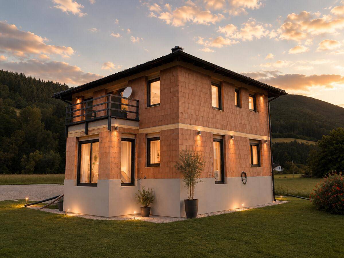 Modernes Einfamilienhaus mit Ziegelmauerwerk und Balkon bei Sonnenuntergang, umgeben von Natur.