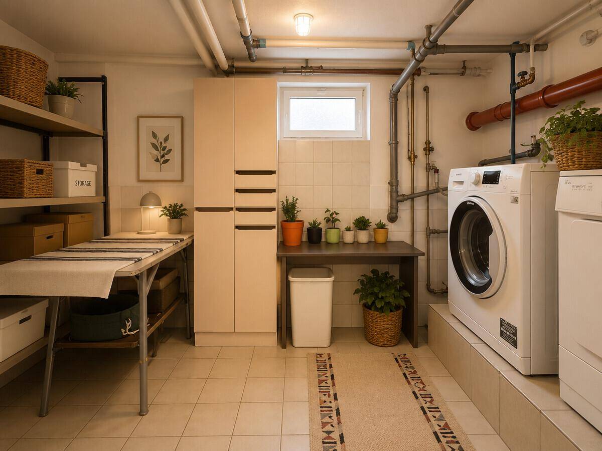 Funktionaler Waschraum im Keller mit Waschmaschine, Trockner und Fliesenboden.