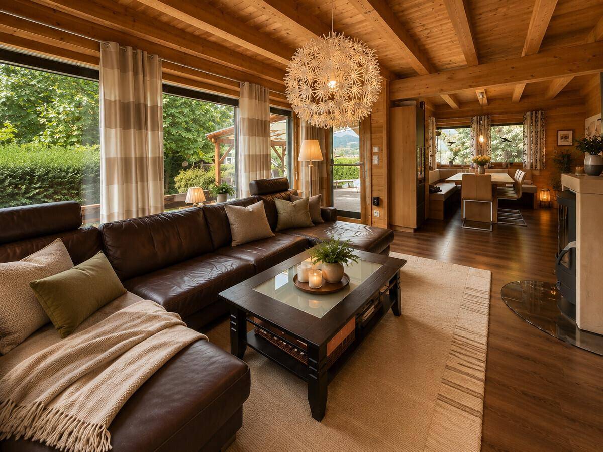 Geräumiges Wohnzimmer mit bequemer Ledercouch, Holzbalkendecke und großen Fenstern.
