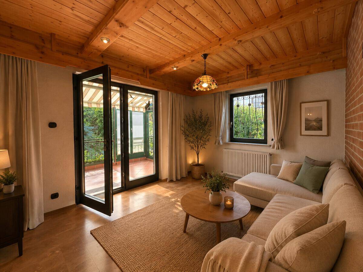 Helles Wohnzimmer mit Holzbalkendecke, Zugang zum Balkon und Blick ins Grüne.