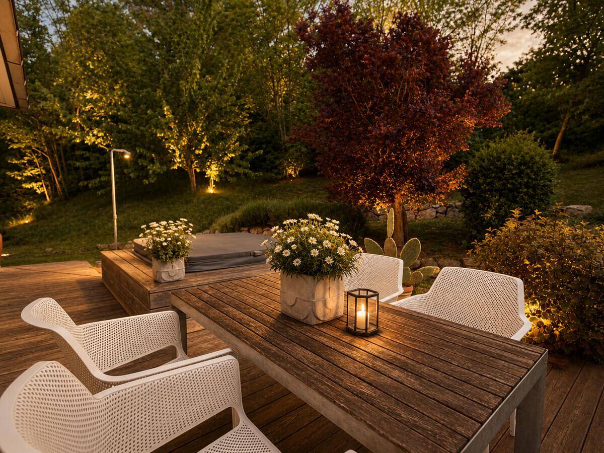 Beleuchtete Holzterrasse mit Esstisch, Sitzgelegenheiten und Whirlpool im warmen Abendlicht.