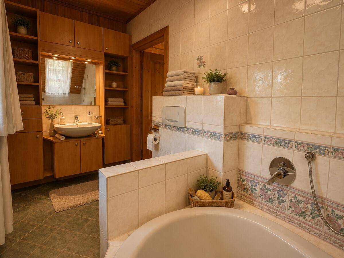 Geräumiges Badezimmer mit Badewanne, Waschbecken und Holzschränken.