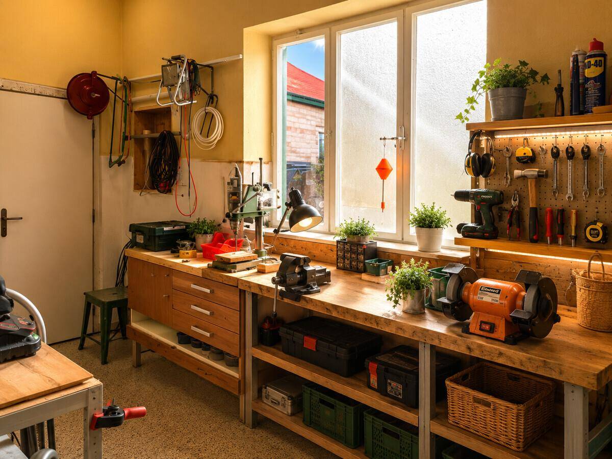 Gut ausgestattete Werkstatt mit Werkbänken, Werkzeugen und großem Fenster.