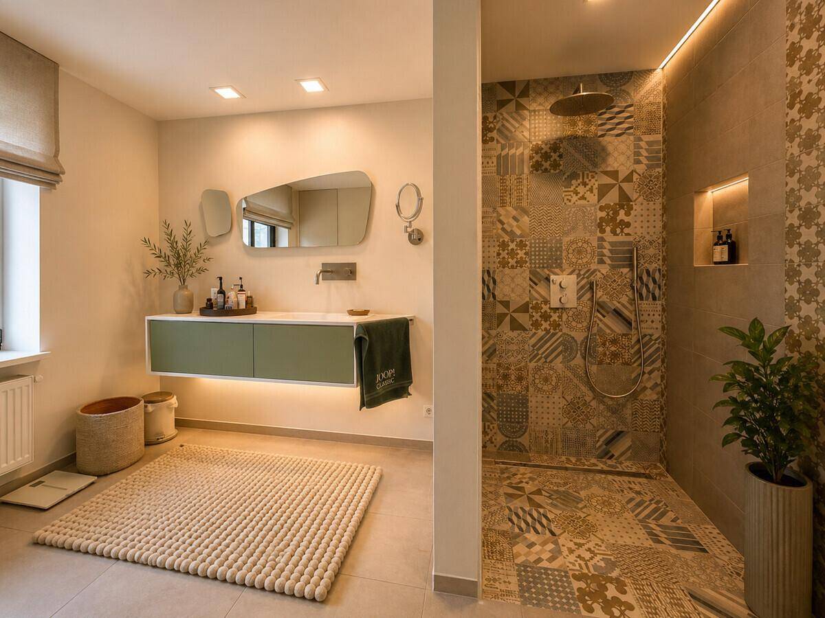 Geräumiges Badezimmer mit begehbarer Dusche, modernen Armaturen und dekorativen Fliesen.