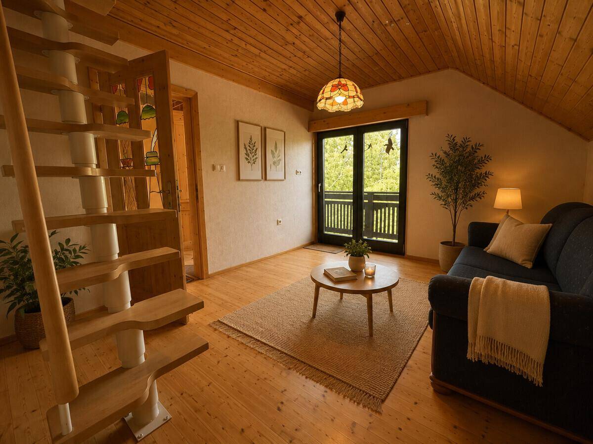 Heller Wohnbereich mit Holztreppe, Holzbalkendecke und Zugang zum Balkon.