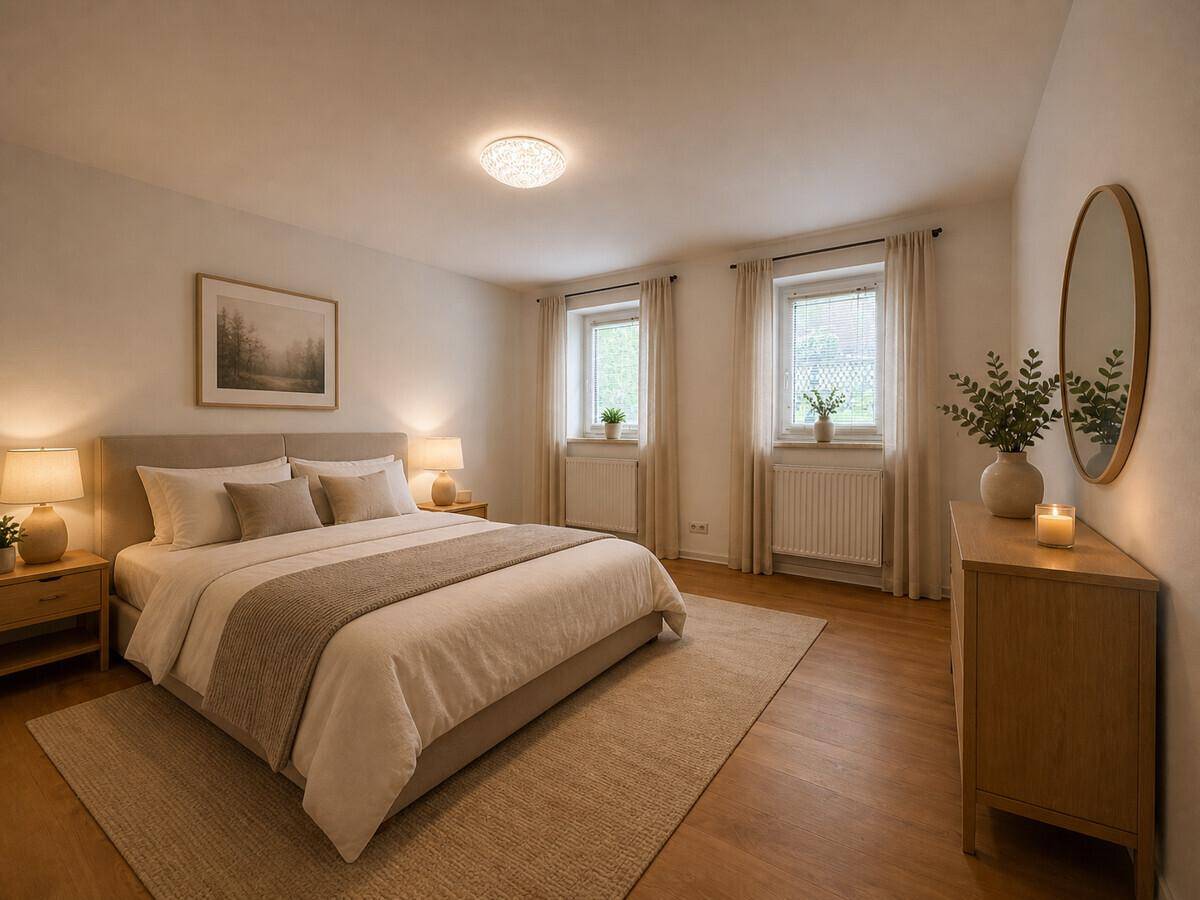 Helles Schlafzimmer mit Doppelbett, Holzboden und zwei Fenstern für viel Tageslicht.