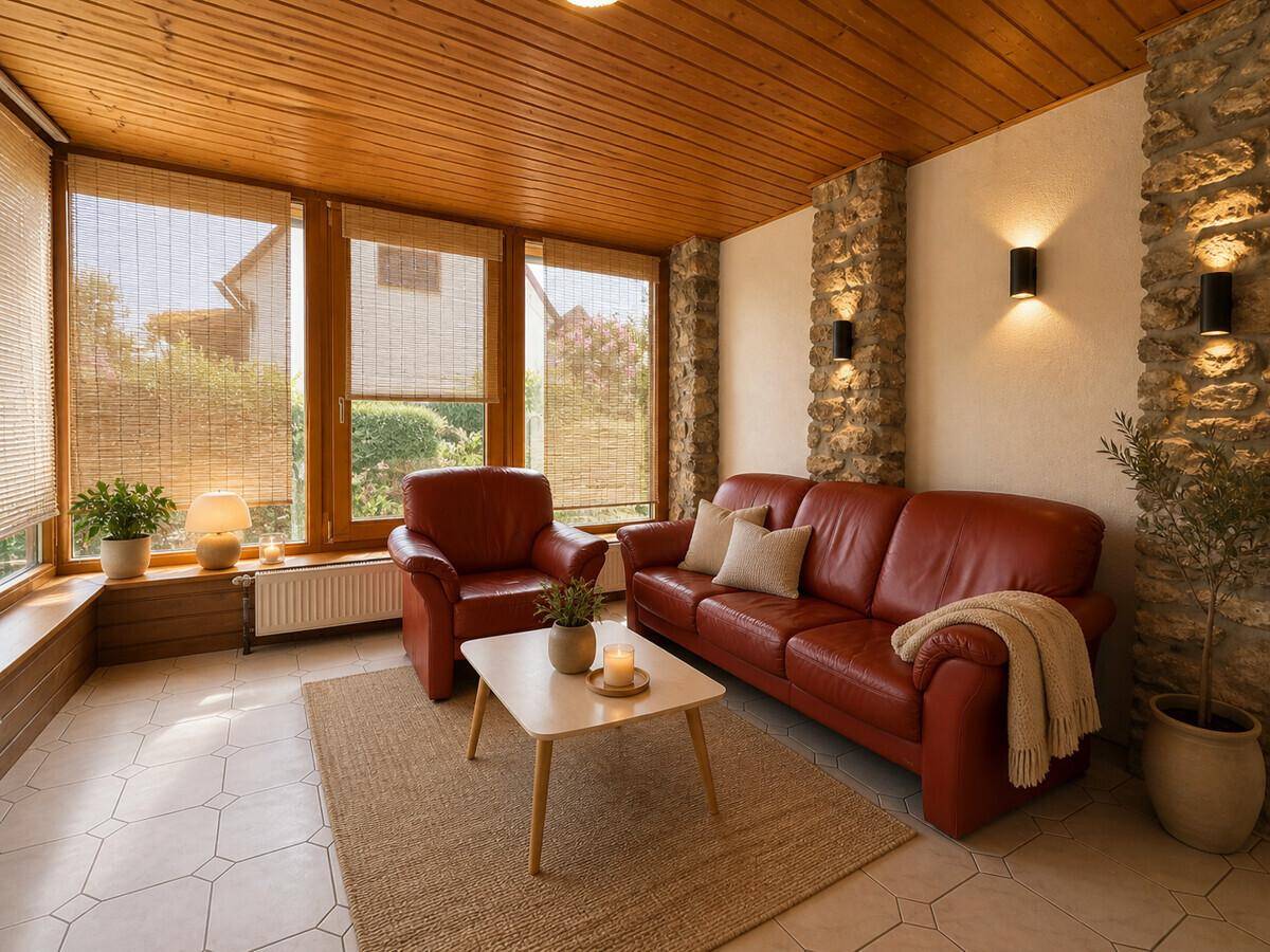 Gemütlicher Wintergarten mit roten Ledersofas, Steinwänden und Holzbalkendecke.