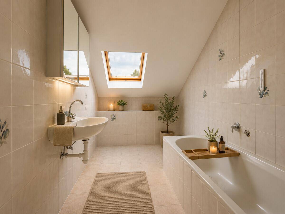 Badezimmer im Dachgeschoss mit Badewanne, Waschbecken und Dachfenster.