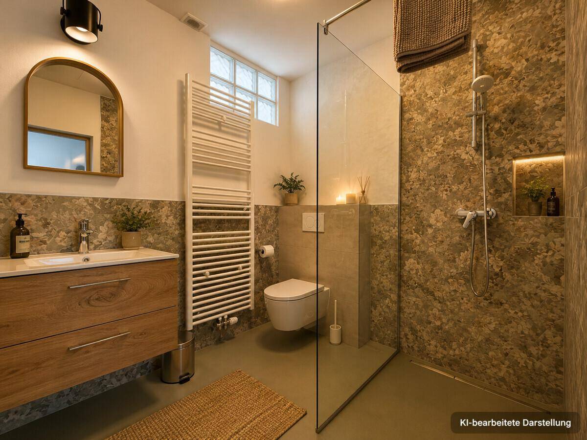 Modernes Badezimmer mit begehbarer Dusche, Holzwaschtisch und beheiztem Handtuchhalter.