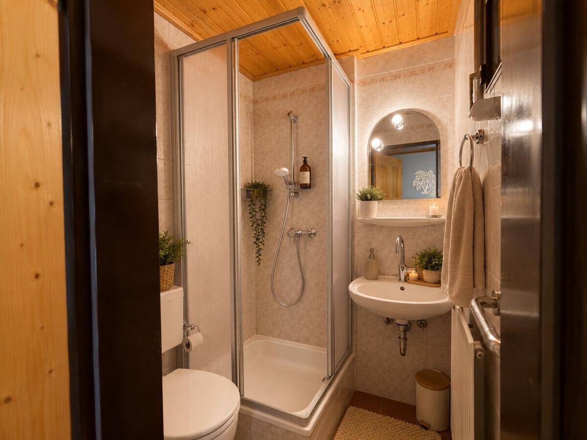 Kleines Badezimmer mit Duschkabine, Holzdecke und Waschbecken.