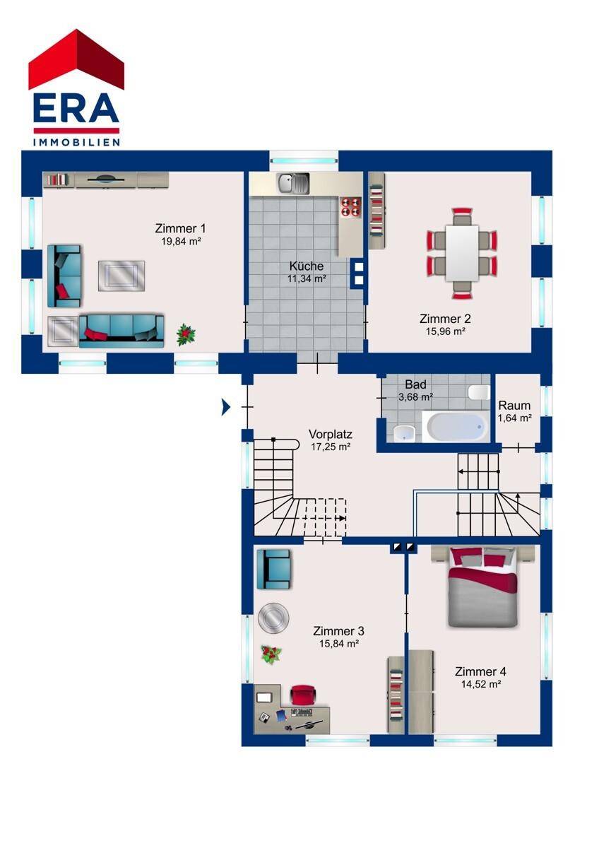 Grundriss des Erdgeschosses mit Wohnzimmer, Küche, Bad und zwei weiteren Zimmern.