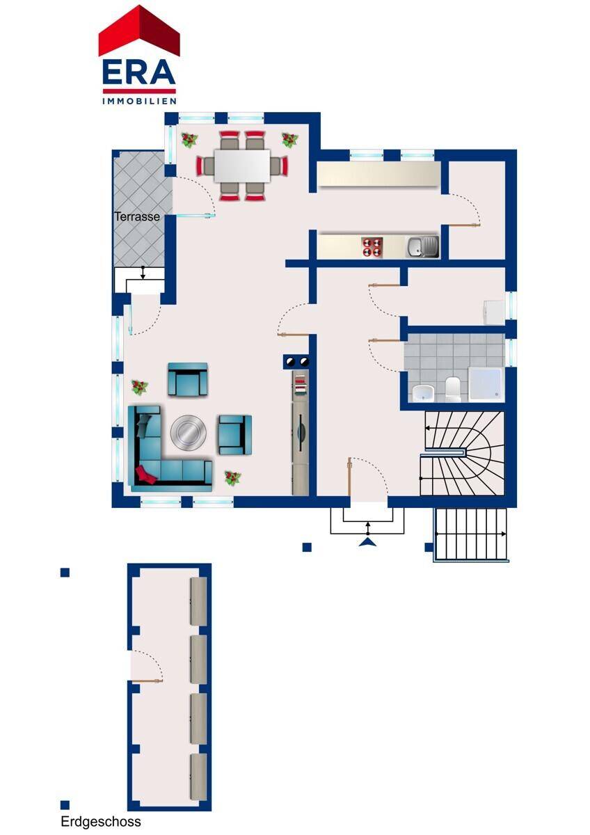 Grundriss des Erdgeschosses mit Wohnbereich, Küche, Bad und Zugang zur Terrasse.
