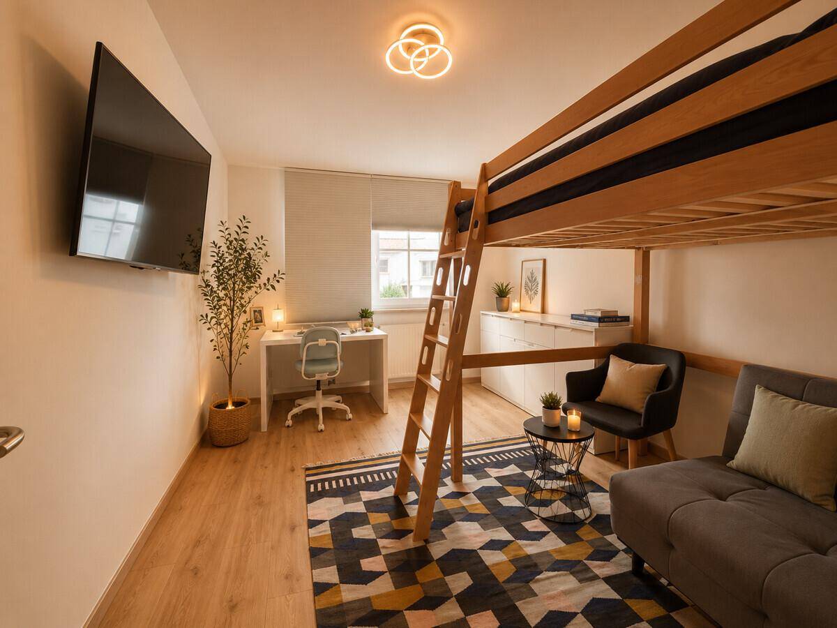 Modernes Kinder- oder Gästezimmer mit Hochbett, Schreibtisch und Wandfernseher.