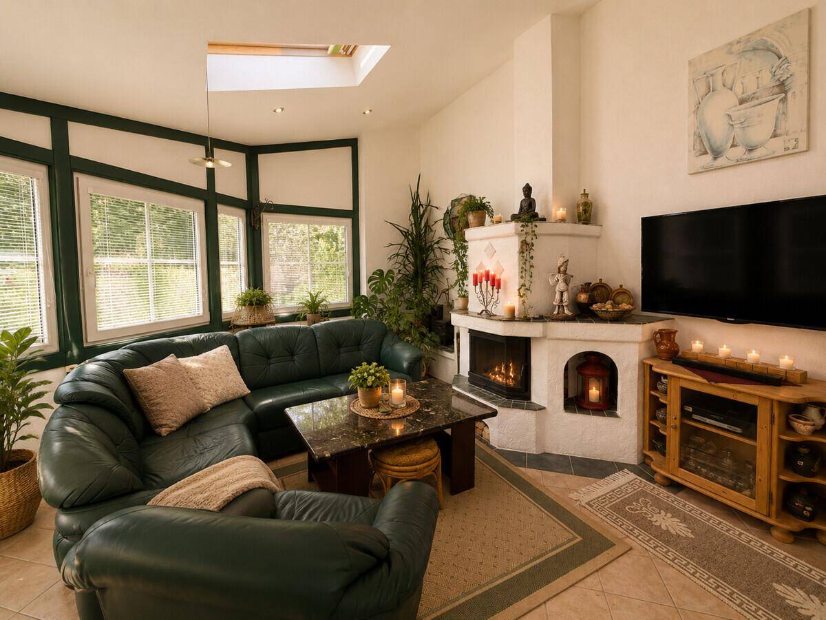 Gemütliches Wohnzimmer mit Kamin, Ledersofa, Fliesenboden und Dachfenster.