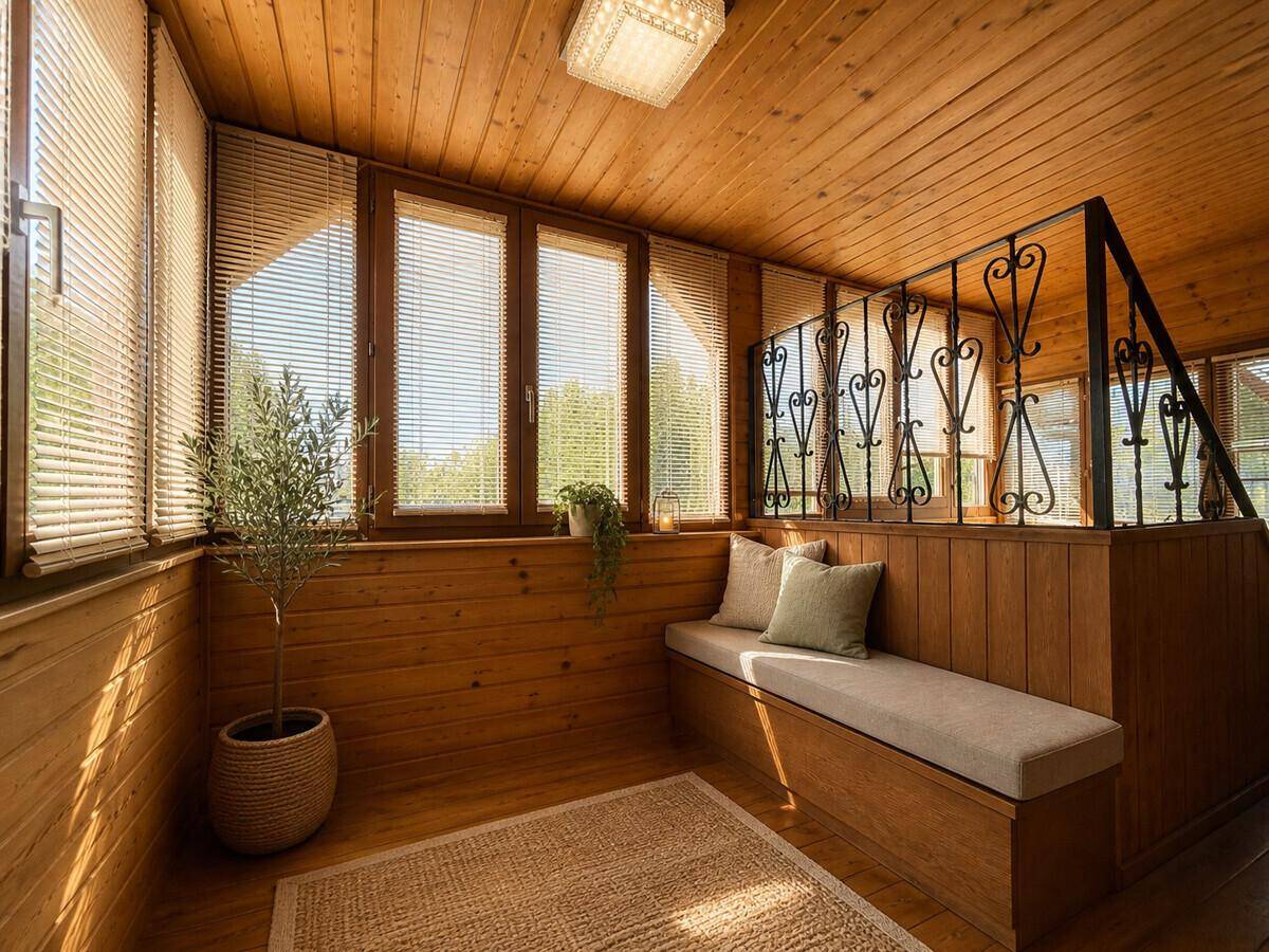 Heller Flur mit Holzverkleidung, Sitzbank und Blick auf die umliegende Natur.