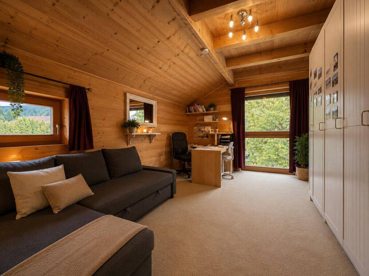 Gemütliches Schlafzimmer im Dachgeschoss mit Schlafcouch, Schreibtisch und Blick ins Grüne.