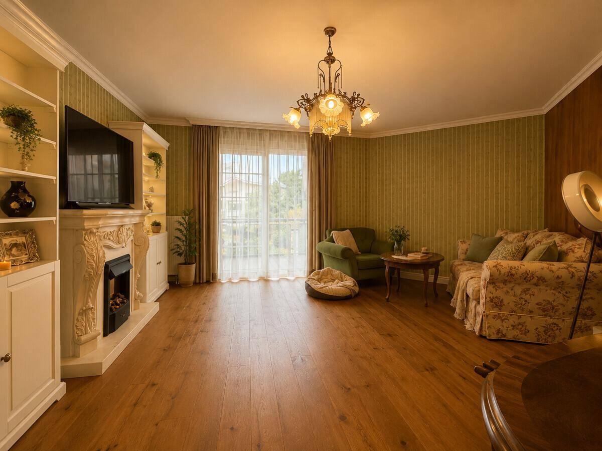 Geräumiges Wohnzimmer mit Kamin, bequemen Sofas und Balkonzugang.