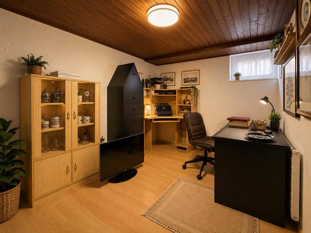 Gemütliches Büro mit Holzdecke, Schreibtisch und Holzfußboden.