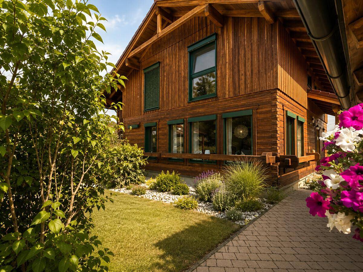 Gepflegter Vorgarten mit Blumenbeeten, Rasenfläche und dem charmanten Holzhaus.