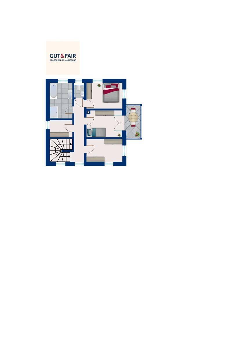 Grundriss des Obergeschosses mit Schlafzimmern und Balkon.