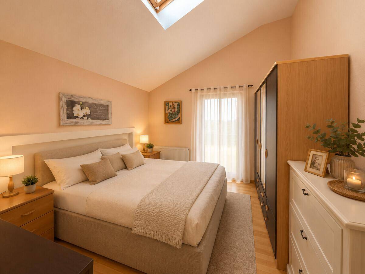 Helles Schlafzimmer mit Dachschräge, Holzboden, Bett und Kleiderschrank.